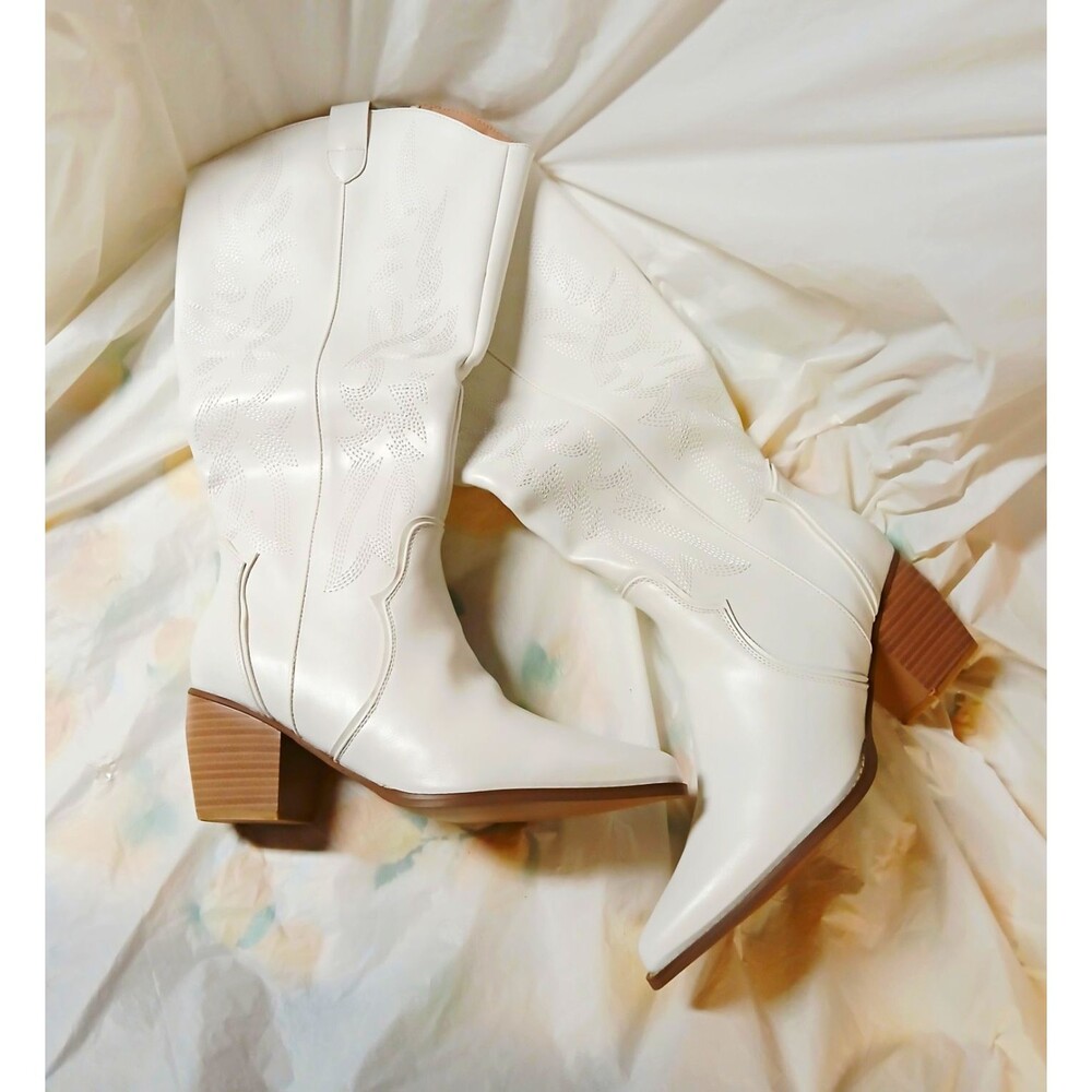 Dream Pairs White Knee High Western Boots Pointed Toe Block Heel Zip US11